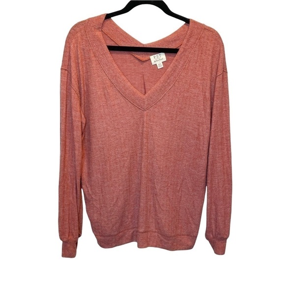 PST by Project Social T V-Neck Knit Sweater Ribbed Heather Chili Large New NWT - Picture 3 of 8